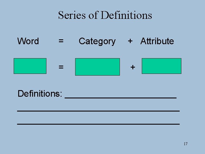 Series of Definitions Word = = Category + Attribute + Definitions: ___________________________ 17 