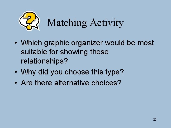 Matching Activity • Which graphic organizer would be most suitable for showing these relationships?