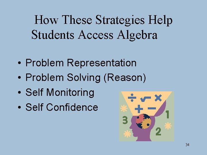 How These Strategies Help Students Access Algebra • • Problem Representation Problem Solving (Reason)