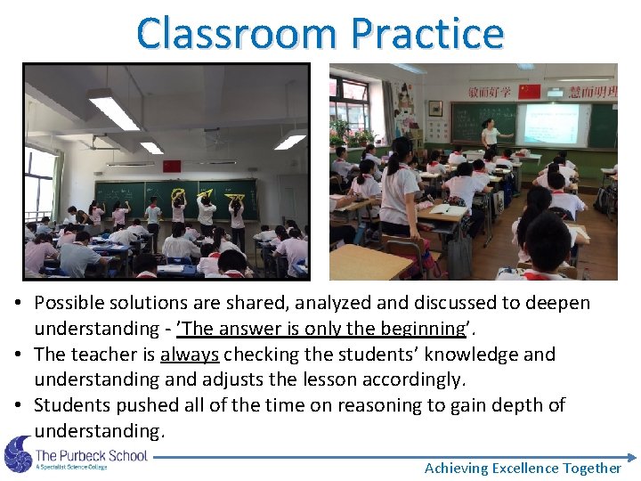 Classroom Practice • Possible solutions are shared, analyzed and discussed to deepen understanding -