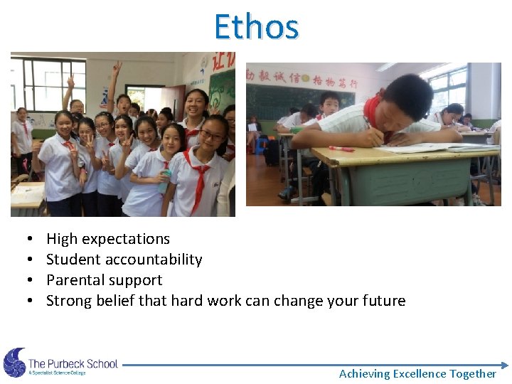 Ethos • • High expectations Student accountability Parental support Strong belief that hard work