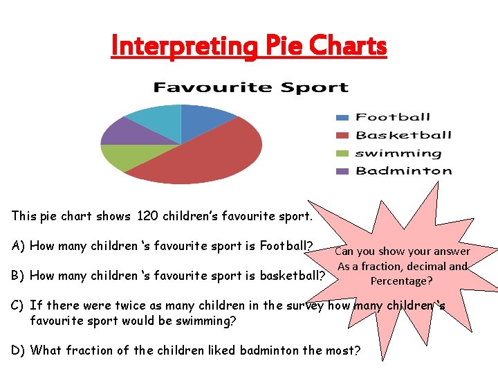 Interpreting Pie Charts This pie chart shows 120 children’s favourite sport. A) How many