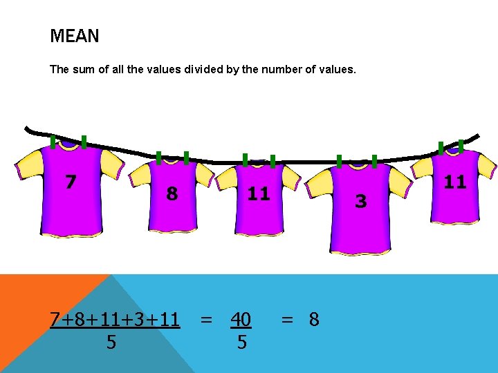 MEAN The sum of all the values divided by the number of values. 7