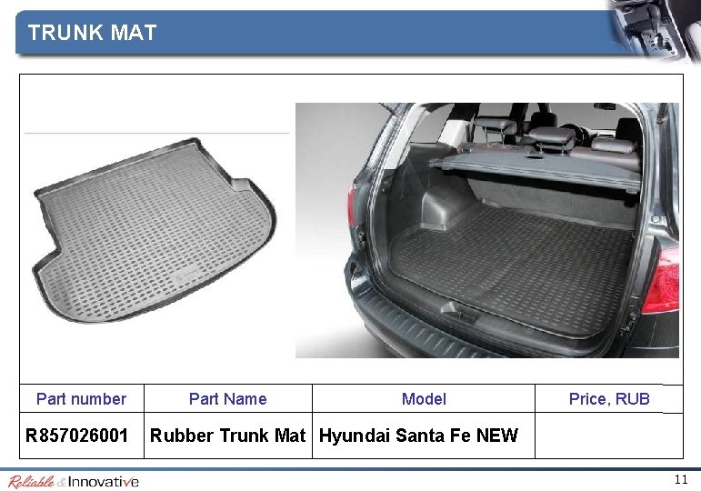 TRUNK MAT Part number R 857026001 Part Name Model Price, RUB Rubber Trunk Mat