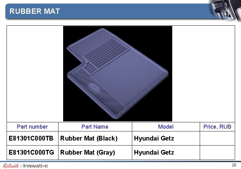 RUBBER MAT Part number Part Name Model E 81301 C 000 TB Rubber Mat RUBBER MAT Part number Part Name Model E 81301 C 000 TB Rubber Mat