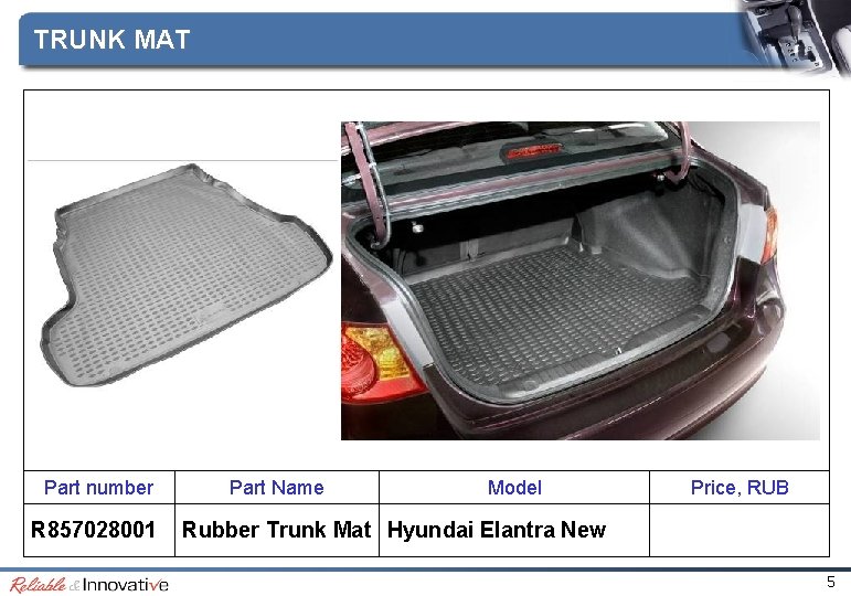 TRUNK MAT Part number R 857028001 Part Name Model Price, RUB Rubber Trunk Mat