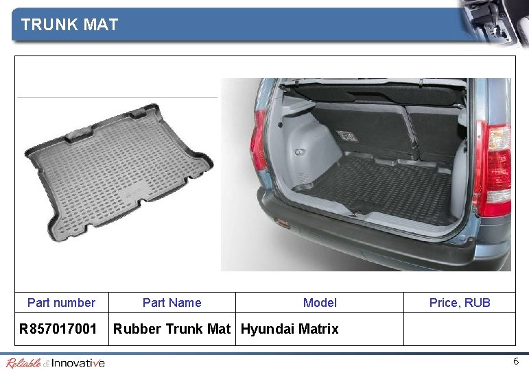 TRUNK MAT Part number R 857017001 Part Name Model Price, RUB Rubber Trunk Mat