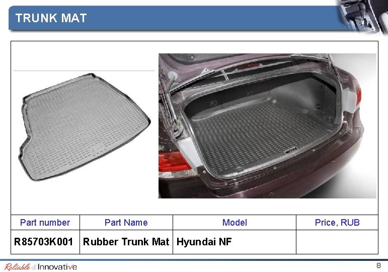 TRUNK MAT Part number Part Name Model Price, RUB R 85703 K 001 Rubber