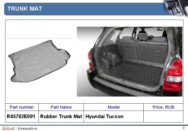 TRUNK MAT Part number R 85702 E 001 Part Name Model Price, RUB Rubber