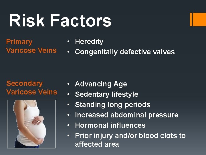 Risk Factors Primary Varicose Veins • Heredity • Congenitally defective valves Secondary Varicose Veins