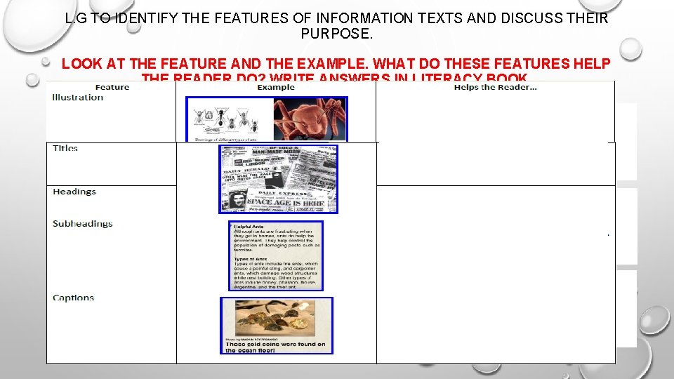 L. G TO IDENTIFY THE FEATURES OF INFORMATION TEXTS AND DISCUSS THEIR PURPOSE. LOOK