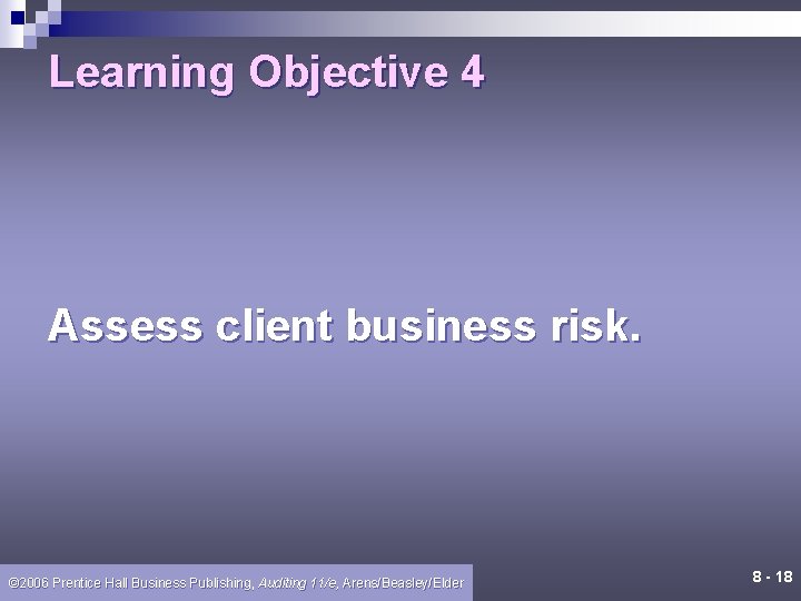 Learning Objective 4 Assess client business risk. © 2006 Prentice Hall Business Publishing, Auditing Learning Objective 4 Assess client business risk. © 2006 Prentice Hall Business Publishing, Auditing