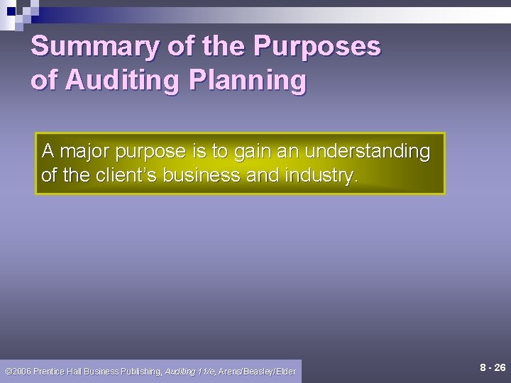 Summary of the Purposes of Auditing Planning A major purpose is to gain an Summary of the Purposes of Auditing Planning A major purpose is to gain an