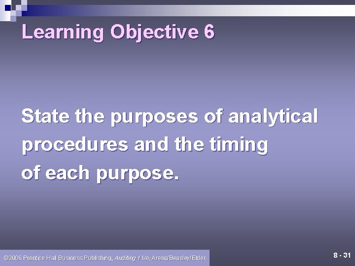 Learning Objective 6 State the purposes of analytical procedures and the timing of each Learning Objective 6 State the purposes of analytical procedures and the timing of each
