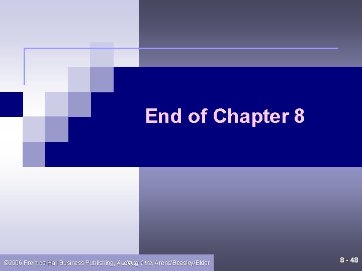 End of Chapter 8 © 2006 Prentice Hall Business Publishing, Auditing 11/e, Arens/Beasley/Elder 8 End of Chapter 8 © 2006 Prentice Hall Business Publishing, Auditing 11/e, Arens/Beasley/Elder 8