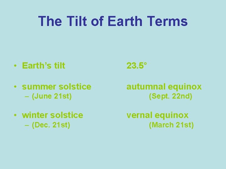 The Tilt of Earth Terms • Earth’s tilt 23. 5° • summer solstice autumnal