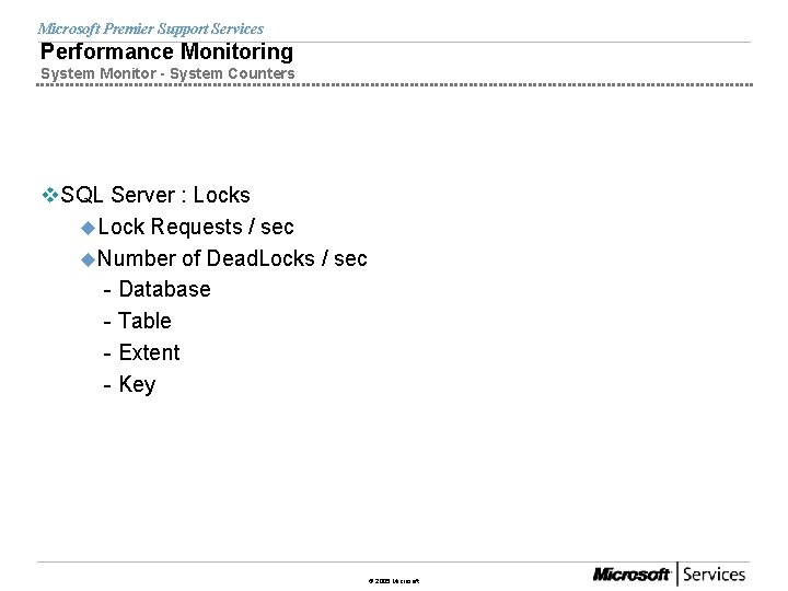 Microsoft Premier Support Services Performance Monitoring System Monitor - System Counters v. SQL Server