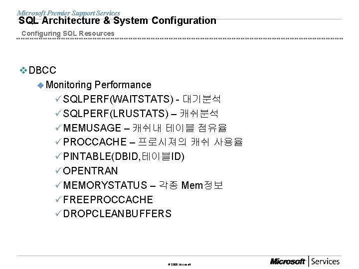 Microsoft Premier Support Services SQL Architecture & System Configuration Configuring SQL Resources v. DBCC