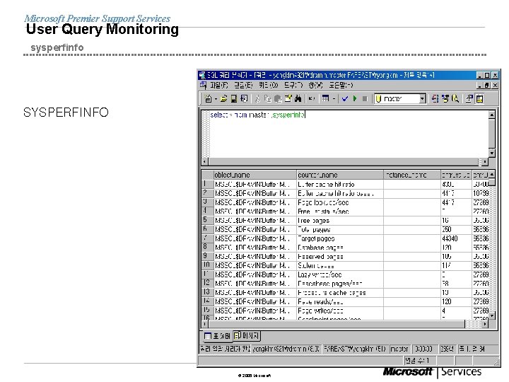 Microsoft Premier Support Services User Query Monitoring sysperfinfo SYSPERFINFO © 2005 Microsoft 