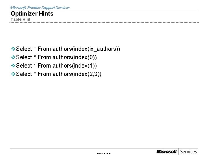 Microsoft Premier Support Services Optimizer Hints Table Hint v. Select * From authors(index(ix_authors)) v.