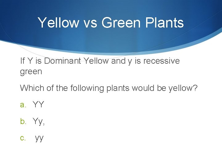 Yellow vs Green Plants If Y is Dominant Yellow and y is recessive green