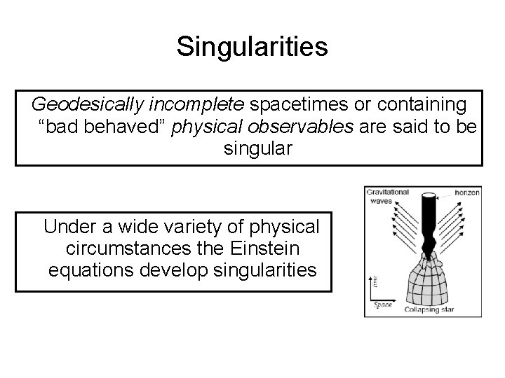 Singularities Geodesically incomplete spacetimes or containing “bad behaved” physical observables are said to be