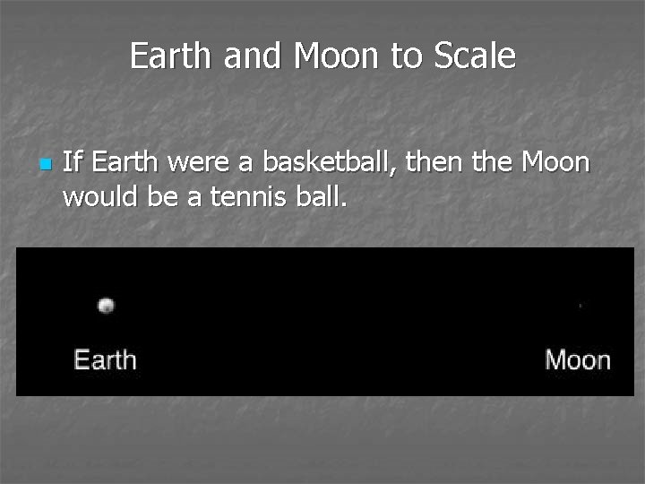 Earth and Moon to Scale n If Earth were a basketball, then the Moon