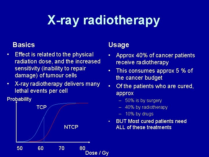 X-ray radiotherapy Basics Usage • Effect is related to the physical radiation dose, and