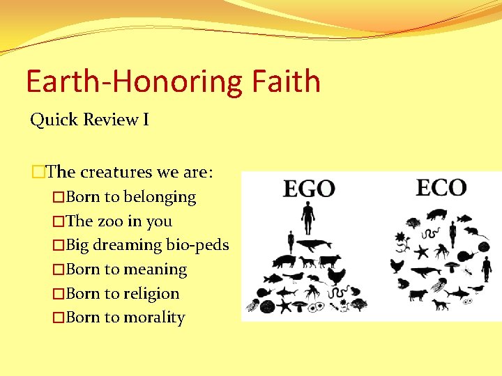 Earth-Honoring Faith Quick Review I �The creatures we are: �Born to belonging �The zoo