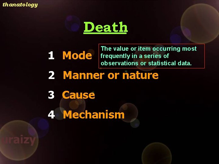 thanatology Death 1 Mode The value or item occurring most frequently in a series