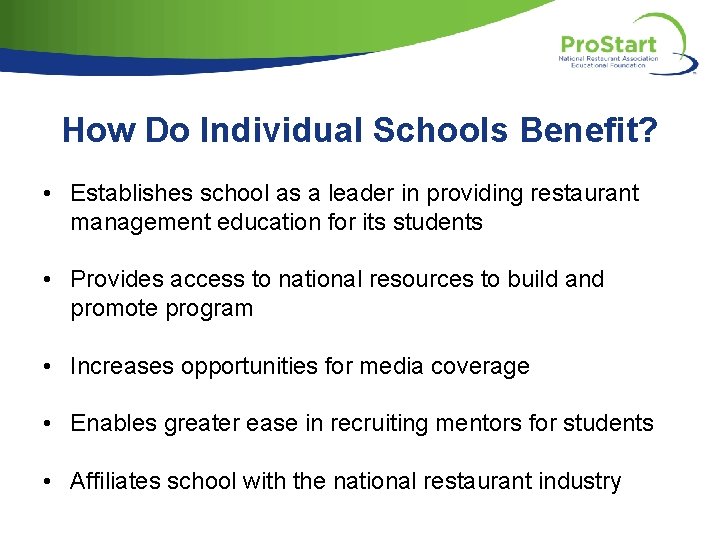 How Do Individual Schools Benefit? • Establishes school as a leader in providing restaurant
