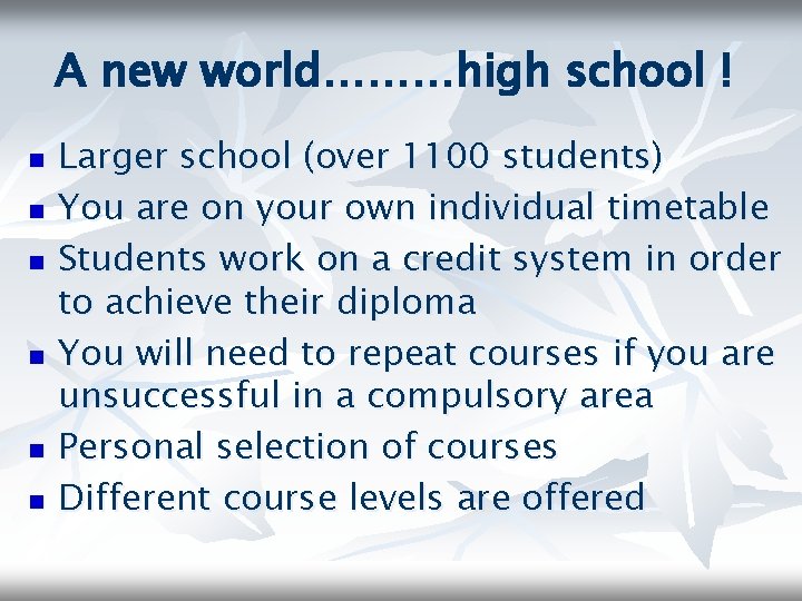 A new world………high school ! n n n Larger school (over 1100 students) You