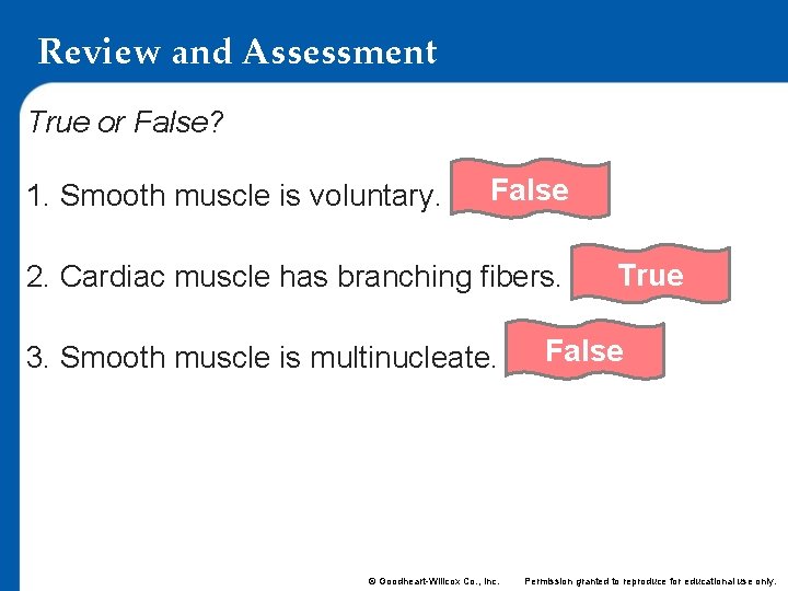 Review and Assessment True or False? 1. Smooth muscle is voluntary. False 2. Cardiac