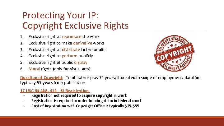 Protecting Your IP: Copyright Exclusive Rights 1. 2. 3. 4. 5. 6. Exclusive right