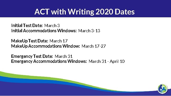 ACT with Writing 2020 Dates Initial Test Date: March 3 Initial Accommodations Windows: March