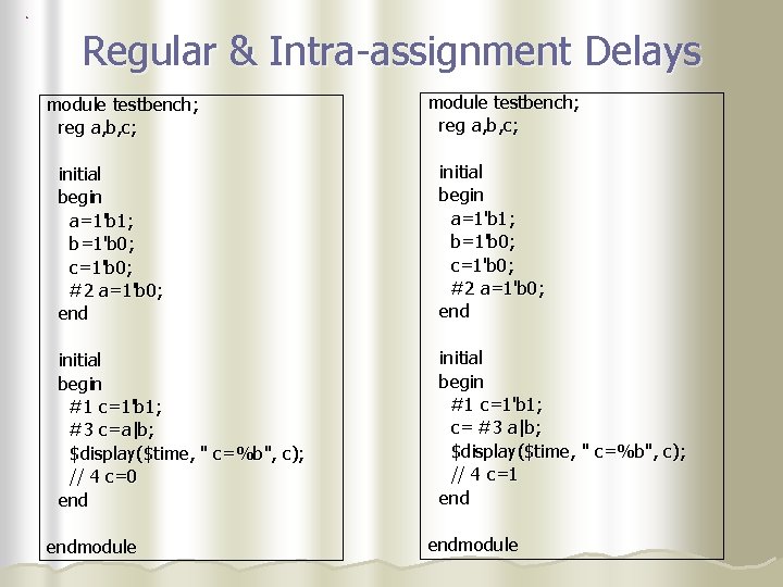 Regular & Intra-assignment Delays module testbench; reg a, b, c; initial begin a=1'b 1;