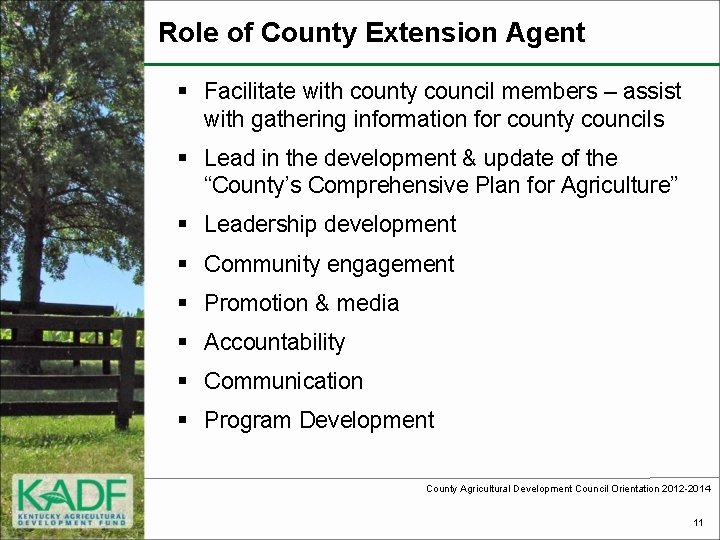 Role of County Extension Agent § Facilitate with county council members – assist with