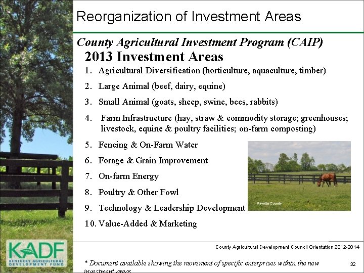 Reorganization of Investment Areas County Agricultural Investment Program (CAIP) 2013 Investment Areas 1. Agricultural