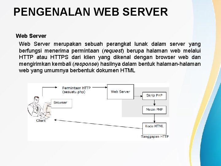 PENGENALAN WEB SERVER Web Server merupakan sebuah perangkat lunak dalam server yang berfungsi menerima