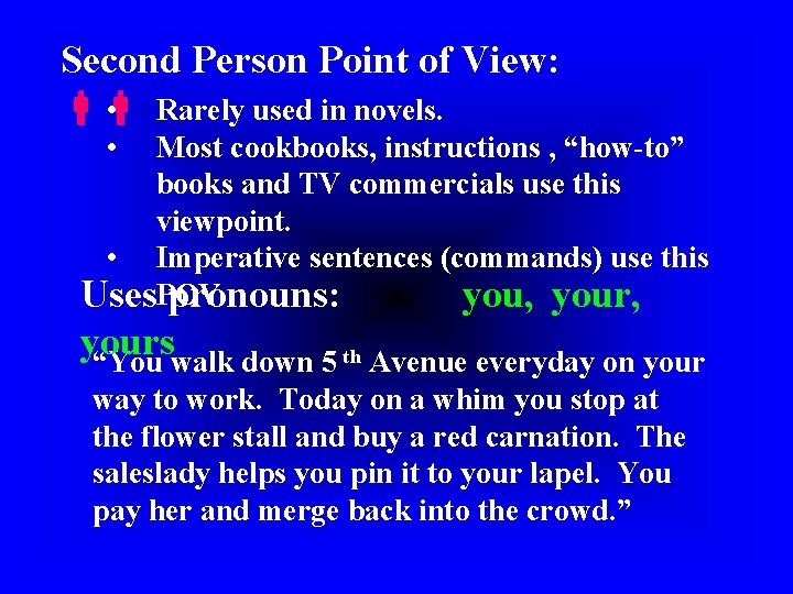 Second Person Point of View: • Rarely used in novels. • Most cookbooks, instructions Second Person Point of View: • Rarely used in novels. • Most cookbooks, instructions