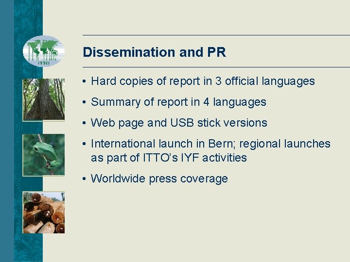 Dissemination and PR • Hard copies of report in 3 official languages • Summary