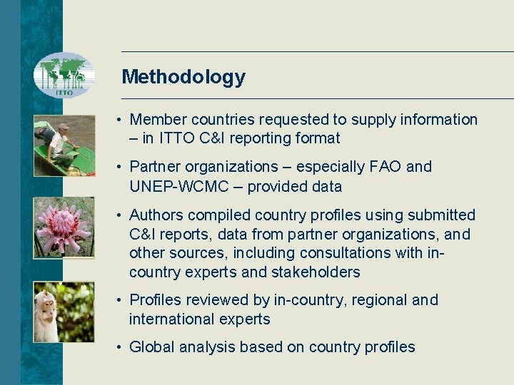 Methodology • Member countries requested to supply information – in ITTO C&I reporting format