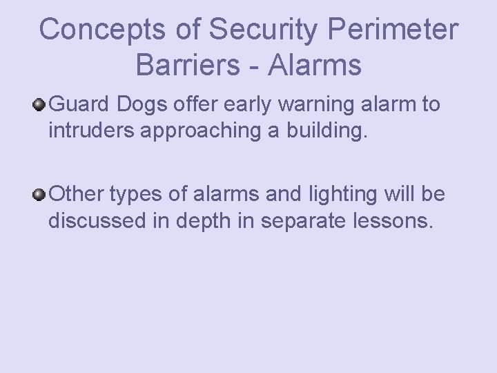 Concepts of Security Perimeter Barriers - Alarms Guard Dogs offer early warning alarm to