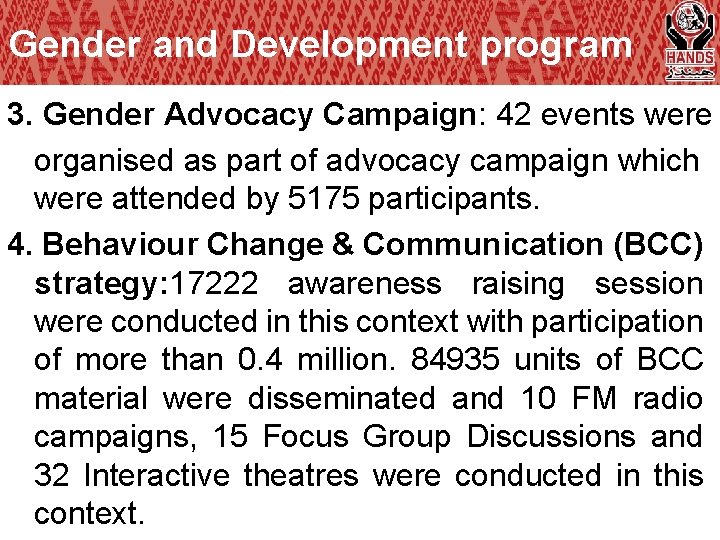 Gender and Development program 3. Gender Advocacy Campaign: 42 events were organised as part