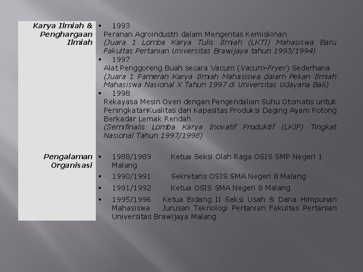 Karya Ilmiah & 1993 Penghargaan Peranan Agroindustri dalam Mengentas Kemiskinan Ilmiah (Juara 1 Lomba