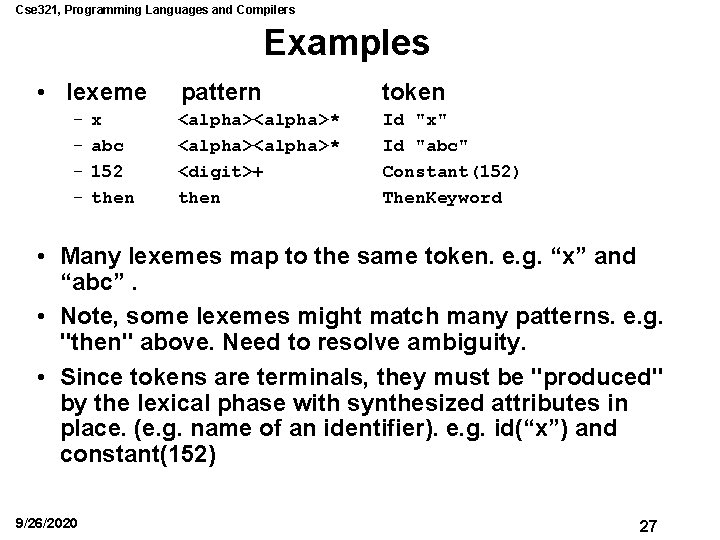 Cse 321, Programming Languages and Compilers Examples • lexeme – – x abc 152