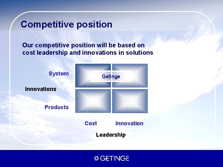 Competitive position Our competitive position will be based on cost leadership and innovations in