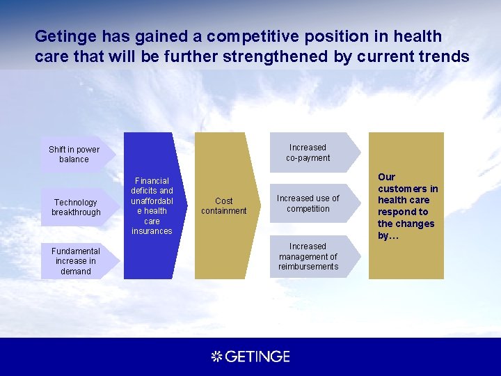 Getinge has gained a competitive position in health care that will be further strengthened