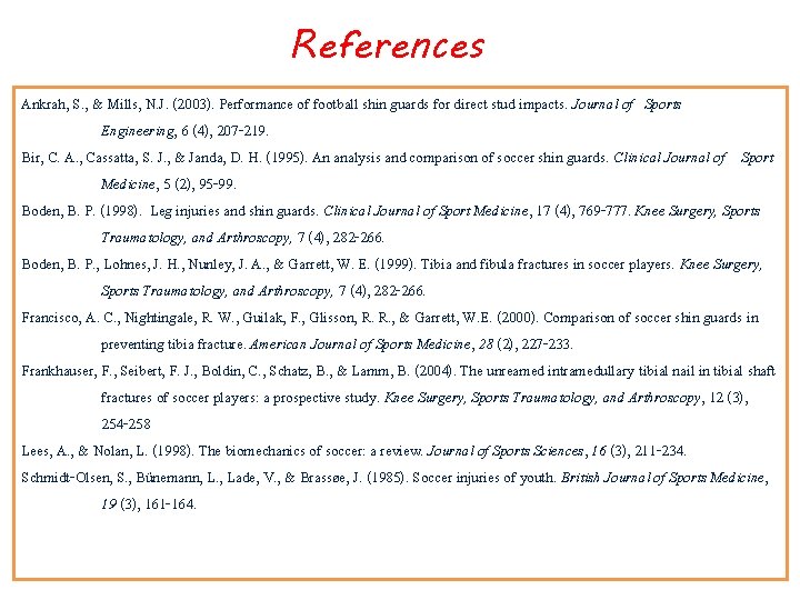 References Ankrah, S. , & Mills, N. J. (2003). Performance of football shin guards