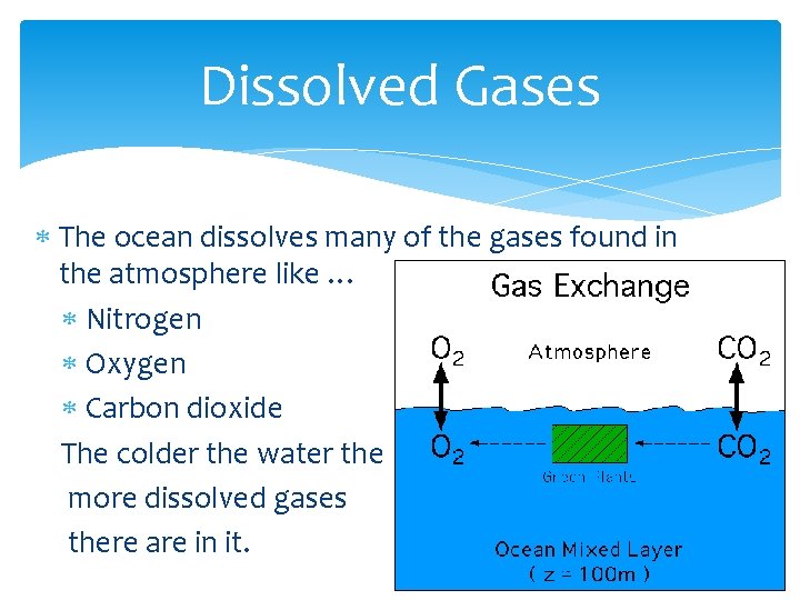 Dissolved Gases The ocean dissolves many of the gases found in the atmosphere like